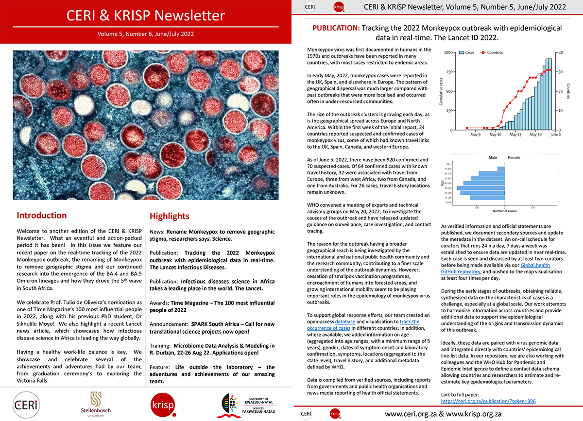  CERI & KRISP Newsletter June/July 2022: Monkeypox, COVID-19 BA.4 and BA.5 lineages, Microbiome and phylogenetic training and much more 