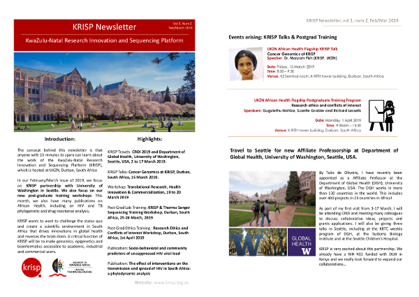 KRISP newsletter Feb/Mar 2019, Partnership with University of Washington, postgraduate training and translational science workshop